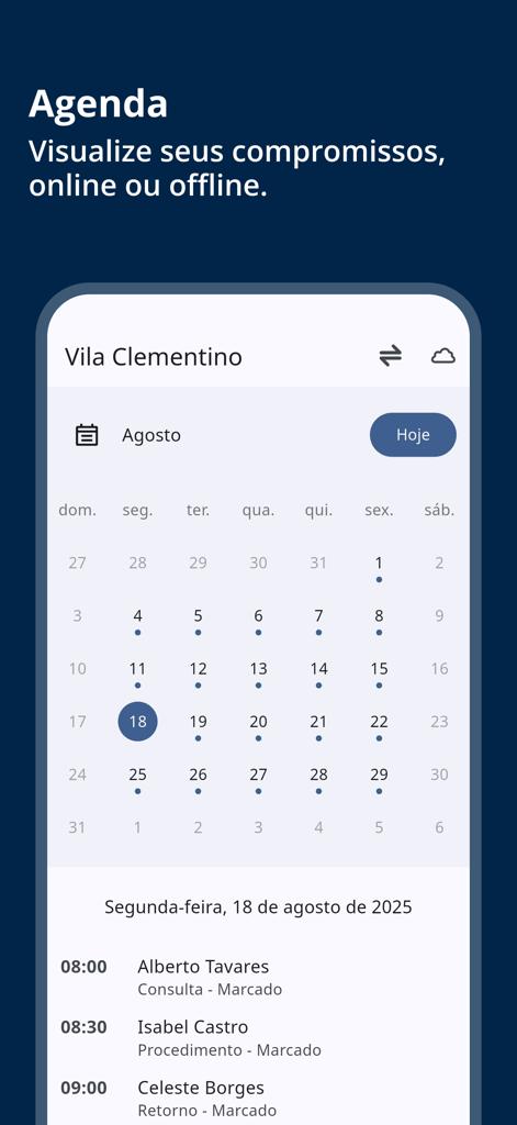 A medical appointment schedule and calendar view on the HiDoctor Mobile app interface