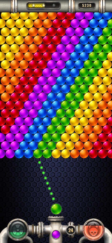 Gameplay screen of Bubbles Empire Champions showing a colorful bubble grid and a green bubble with laser aim.