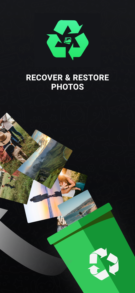 Restor: Recover Deleted Photos - Promotional screen for Restor app showing a green recycle bin and restored photos