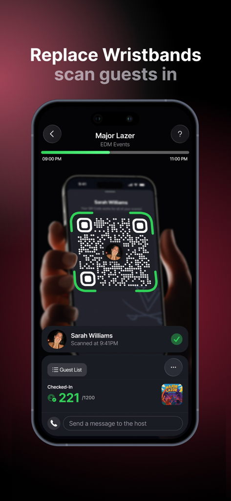 DoorList - Events & Invites - DoorList app screen showing a QR code scan for guest entry at a social event