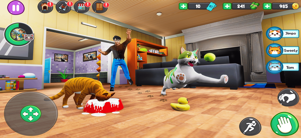 A 3D virtual cat simulator showing cats playing with a ball and drinking milk in a decorated living room.