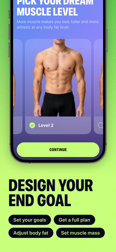 Dream Body: Start Today - Interfaz de la app móvil mostrando la selección del nivel muscular y funciones de establecimiento de objetivos