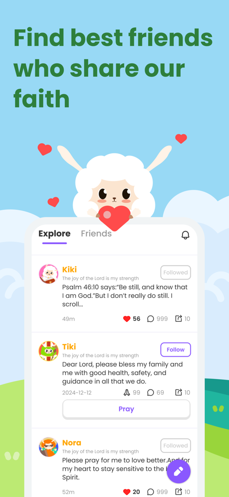 FaithTime: Devotion&Community - A screenshot of the FaithTime app community feed showing user prayer requests and a cute cartoon lamb mascot.