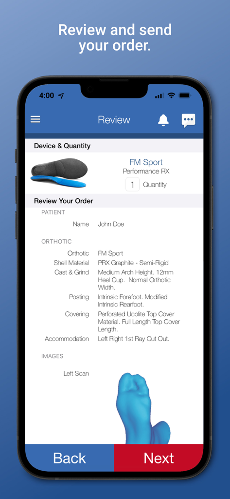 Forward Motion Medical - Order review screen in the Forward Motion Medical app showing prescription details and a 3D foot scan.
