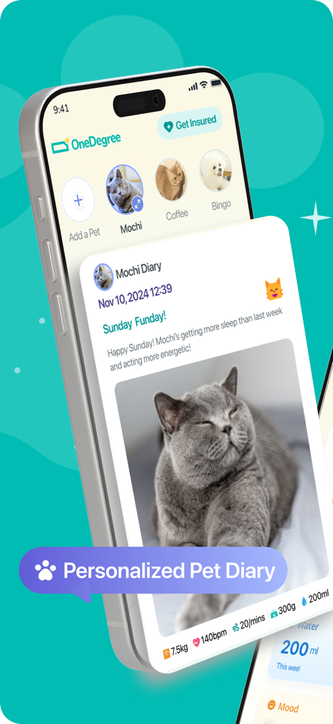 PawBook- Pet Diary - PawBook app screenshot showing a personalized pet diary entry for a cat with integrated health tracking data