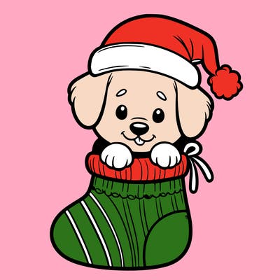 cute puppy wearing santa hat in socking