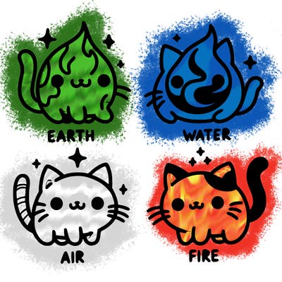 4 cats that represent the different elements, earth, water, air, and fire