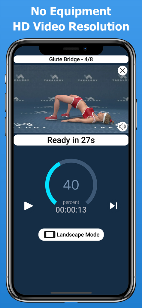 Mobile app interface showing a 3D personal trainer performing a glute bridge exercise