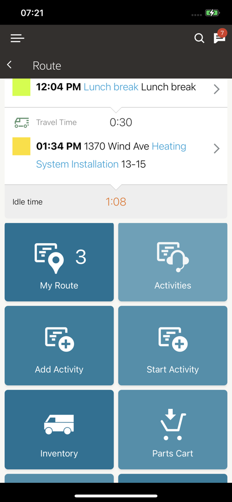 Oracle Field Service app interface showing a technician route schedule and task management tiles