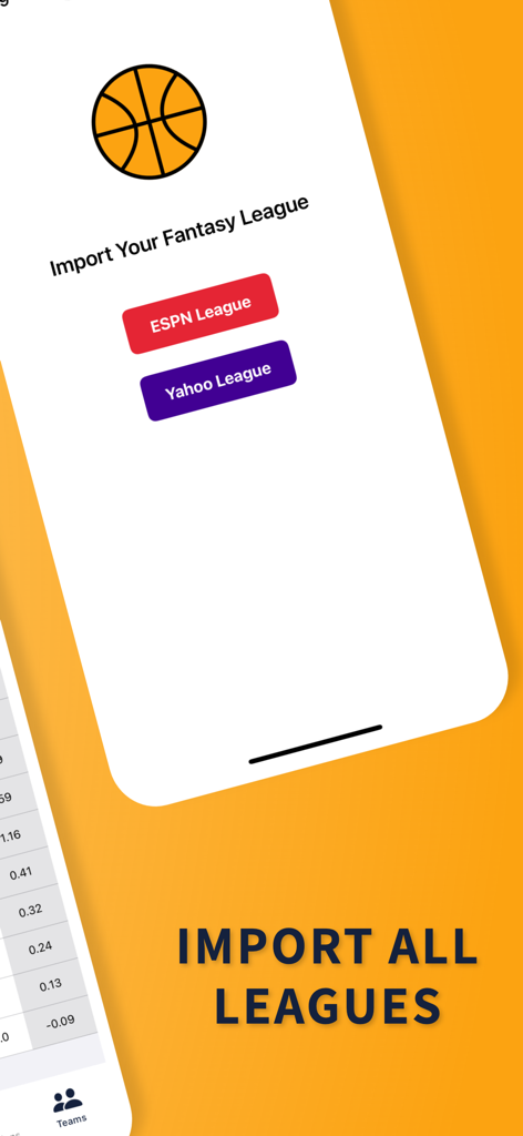 FantasyHoops AI - Tela do aplicativo FantasyHoops AI mostrando opções para importar ligas de basquete fantasia da ESPN e do Yahoo