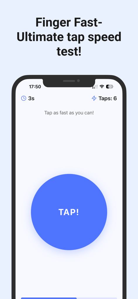 Finger Fast - Tap Speed Test - Bildschirm der Finger Fast App mit einem großen blauen Button zum Testen der Tippgeschwindigkeit