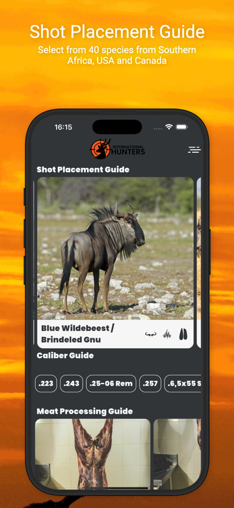International Hunters - International Hunters app screen showing shot placement guide for wildebeest and rifle caliber information