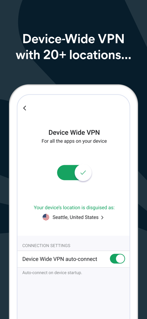 Interfaz de Avast Secure Browser mostrando una VPN en todo el dispositivo activada con conexión a Seattle