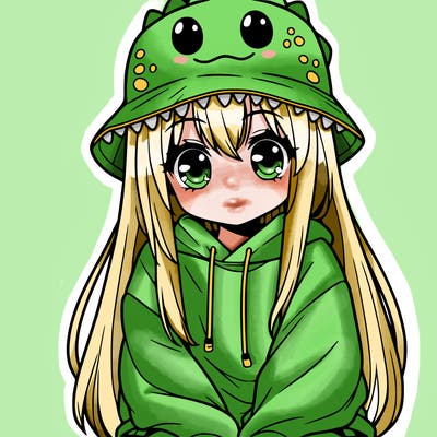 girl with anime shaped eyes with a dinosaur bucket hat oversized sweatshirt long straight hair