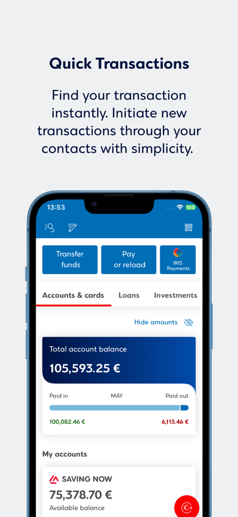Eurobank Mobile App - Cruscotto dell'app mobile Eurobank che mostra il saldo del conto e le opzioni di transazione rapida