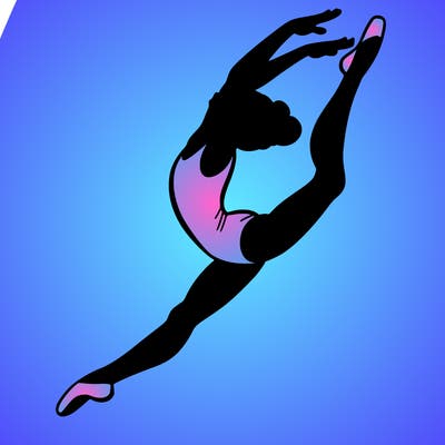 gymnast doing a leap in a leotard with a bent back leg