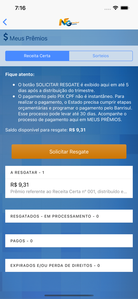 Nota Fiscal Gaúcha - Oficial - Nota Fiscal Gaucha app screen displaying available prize balance and a request redemption button