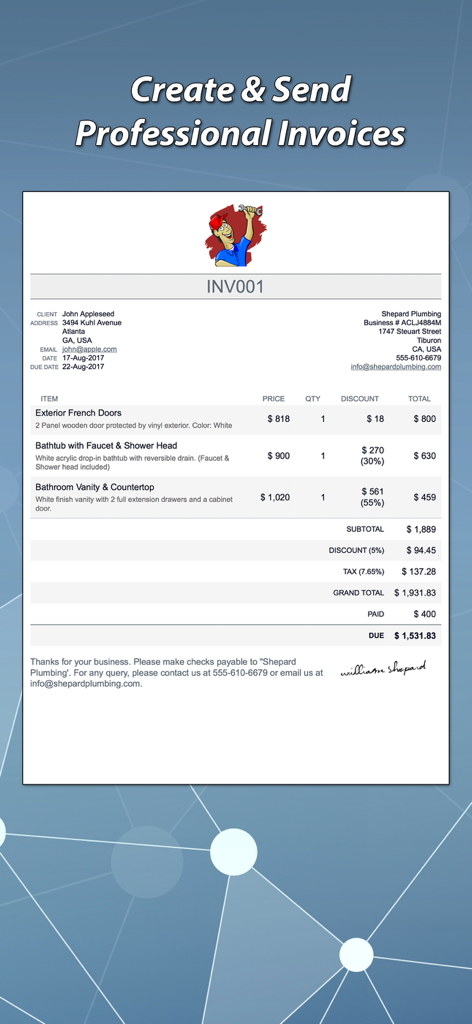Invoice & Estimate Maker - Una factura profesional de ejemplo creada con la aplicación Creador de Facturas y Presupuestos mostrando un logotipo de fontanero y facturación detallada.