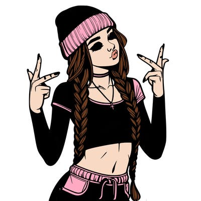 realistic teenage girl with braids and a beanie and crop top doing 🫶🏼