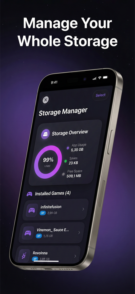 RPGPlayer - An RPGMaker Player - RPGPlayer app storage manager screen showing storage overview and a list of installed games with their file sizes.