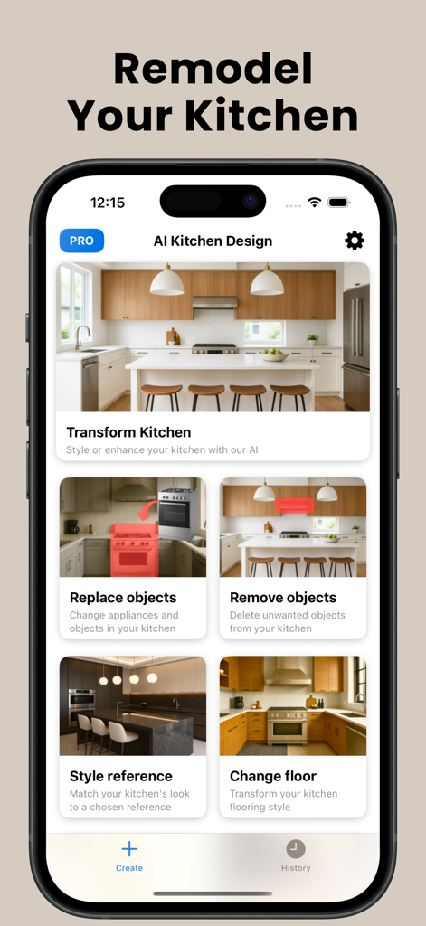 Interfaz móvil de una aplicación de diseño de cocina con IA con opciones de renovación