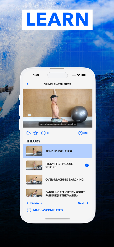 Surf Athlete: Surf Training - Surf Athlete app interface displaying surf-specific theory and movement video tutorials