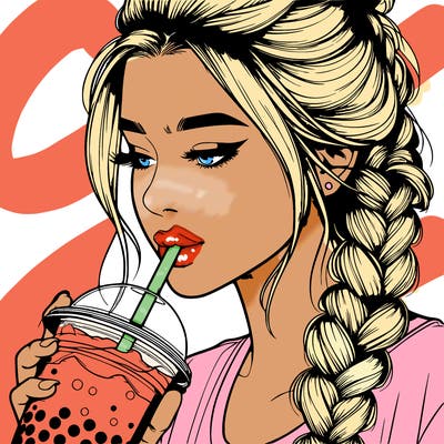 realistic girl drinking boba tea with braided hair