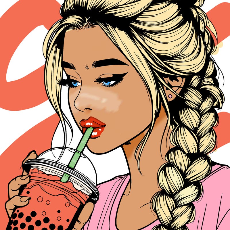 realistic girl drinking boba tea with braided hair