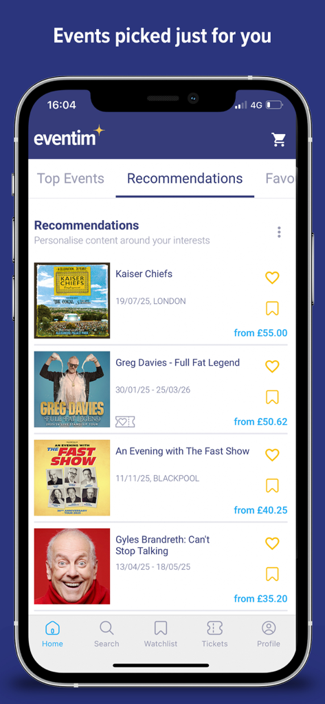 EVENTIM UK | Event Tickets - A mobile screen from the Eventim UK app displaying personalized event recommendations for concerts, comedy, and theater with dates and ticket prices.