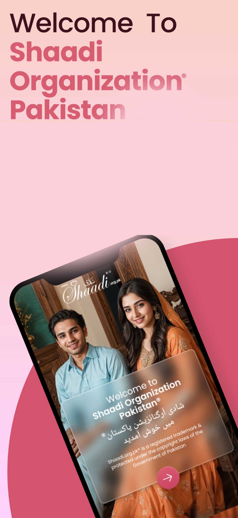Shaadi.org.pk - RishtaPakistan - Tela de boas-vindas do aplicativo de casamento Shaadi Organization Pakistan com um casal em trajes tradicionais
