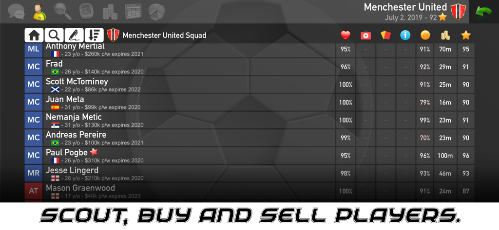 Football Owner 2 squad list screen showing player statistics and market values for Menchester United.