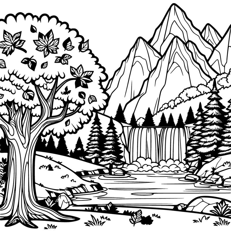 a tree in fall, beautiful view of a mountain, and a river and a waterfall