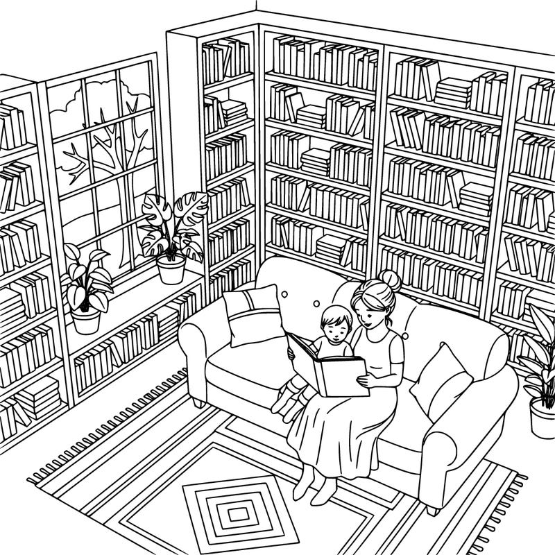 home library with bookshelves and a big couch.  a mom and toddler sitting together on the couch reading a book.  there is a large window, plants,etc