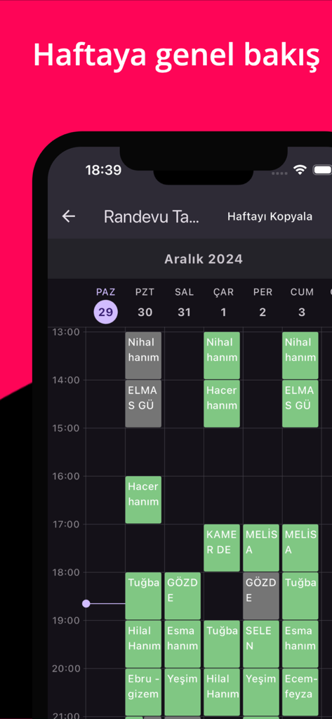 Takvim -  Randevu Takip - Weekly calendar view displaying scheduled appointments for business management
