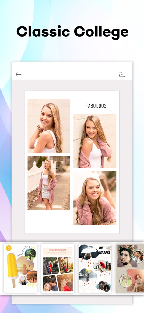 Photo Collage Maker Pic Editor - Photo Collage Maker app interface showing a classic four photo grid template and various design layouts.