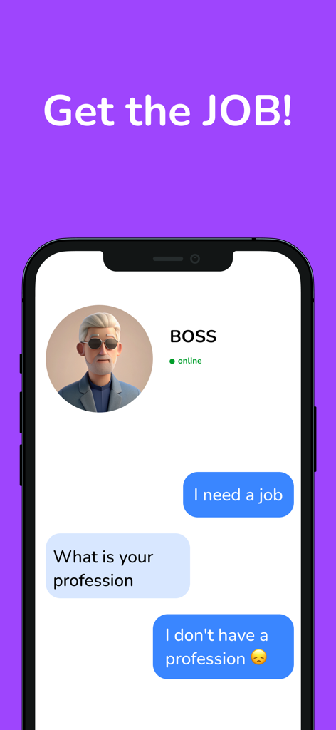 Una pantalla de interfaz de chat que muestra una conversación con un personaje jefe sobre una entrevista de trabajo en la aplicación Chat Game Truth or Lie.
