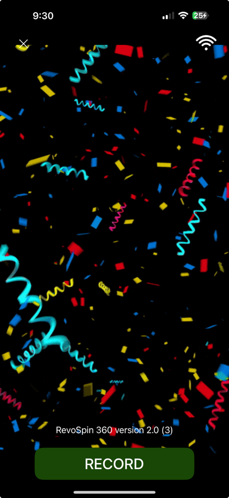 RevoSpin 360 - The record screen of the RevoSpin 360 app showing a green record button and festive falling confetti on a dark background.