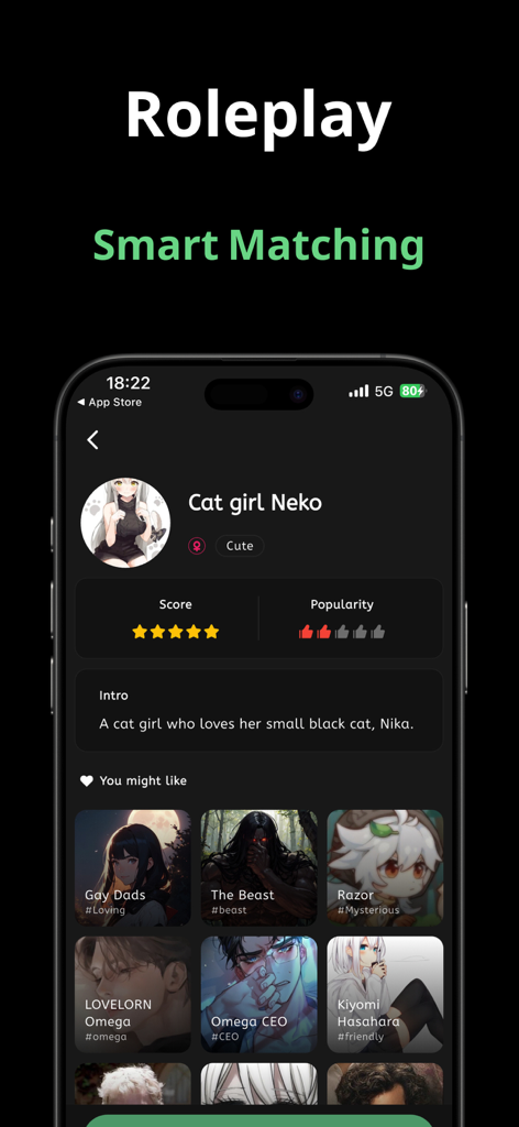 Chatter app interface showing AI roleplay character profiles and smart matching suggestions.