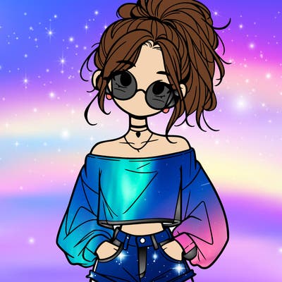 girl with a messy ponytail glasses a baggy crop top and jean shorts