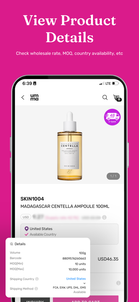 umma.io - umma.io app interface displaying wholesale details for a Korean skincare product including MOQ and shipping rates