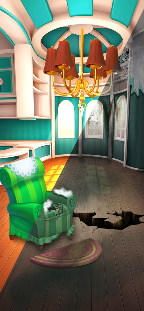 Una transformación de habitación de antes y después que muestra la mecánica de limpieza del juego