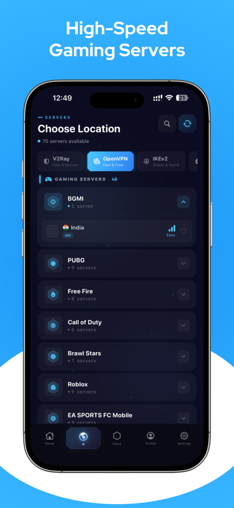 Gamer VPN: Proxy, Game Booster - App interface showing a list of optimized high speed gaming servers for mobile games like PUBG and Call of Duty