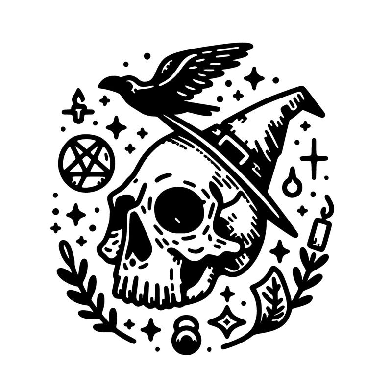 crow skull with witchcraft around it