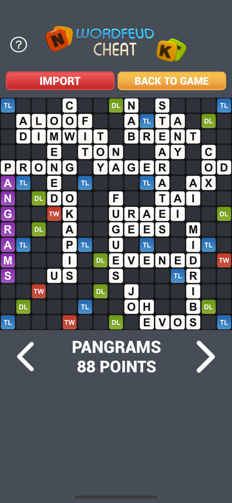 Solve WordFeud Cheat app interface displaying a game board with word solutions and high scores