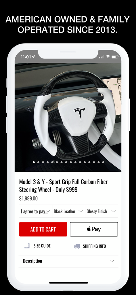 RPM Tesla app interface showing a sport grip full carbon fiber steering wheel for Model 3 and Y
