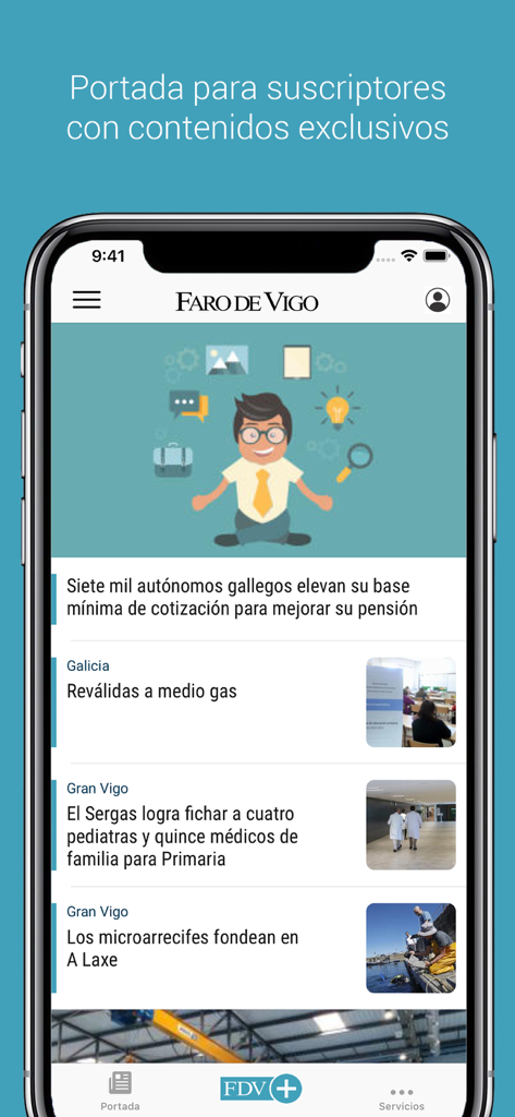 Faro de Vigo - Faro de Vigo news app showing local news for subscribers on a smartphone screen