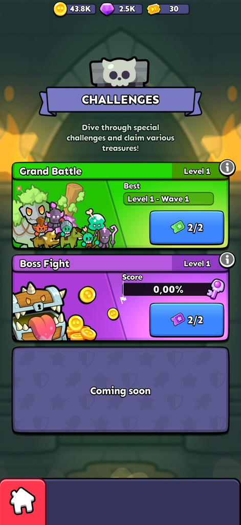 Fortress Merge - Pantalla de desafíos del juego Fortress Merge con los modos Batalla Grandiosa y Lucha contra el Jefe.