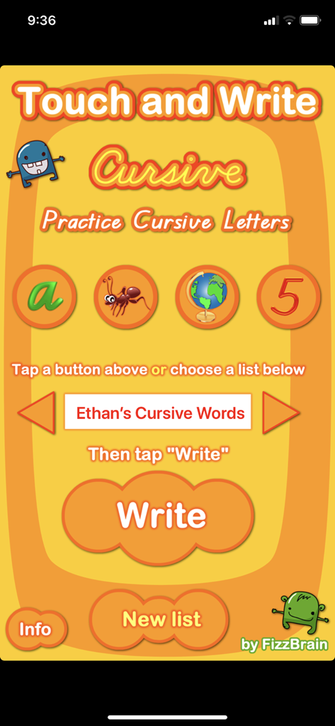 Cursive Touch and Write - Main menu of the Cursive Touch and Write app showing practice options and customizable word lists for children.