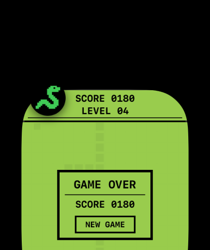 Snake Classic Watch - Snake Classic game over screen displaying final score and level on a retro green background.