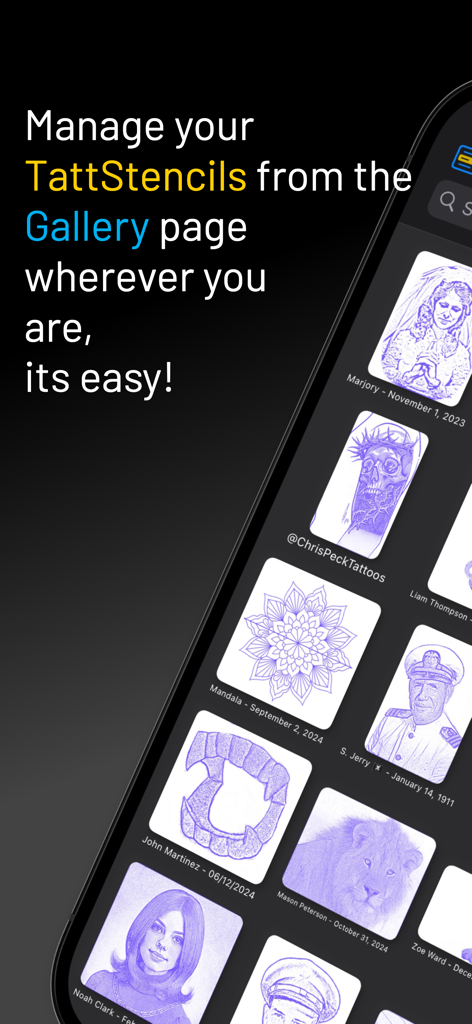 TattStencil • Tattoo Stencil - Gallery view of the TattStencil app displaying various blue tattoo stencil designs on a smartphone screen